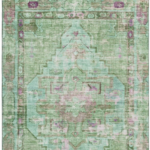 9' X 12' Artichoke Green Lavender And Teal Oriental Washable Area Rug With UV Protection