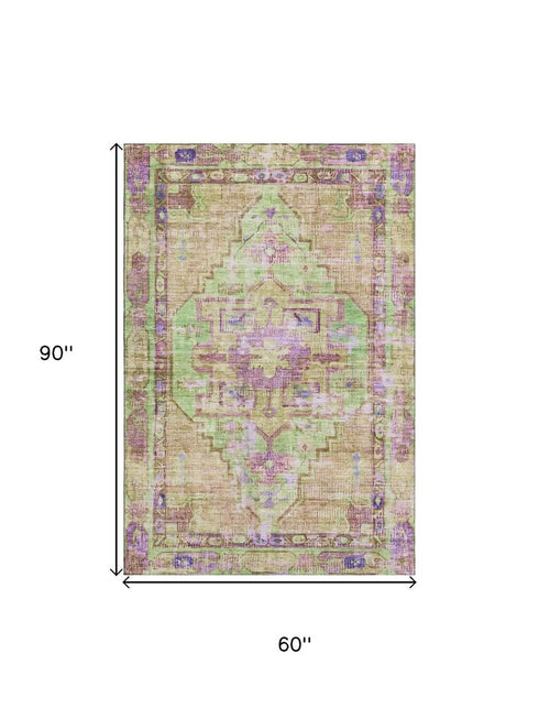 5' X 8' Lime Green Purple And Beige Oriental Washable Area Rug With UV Protection