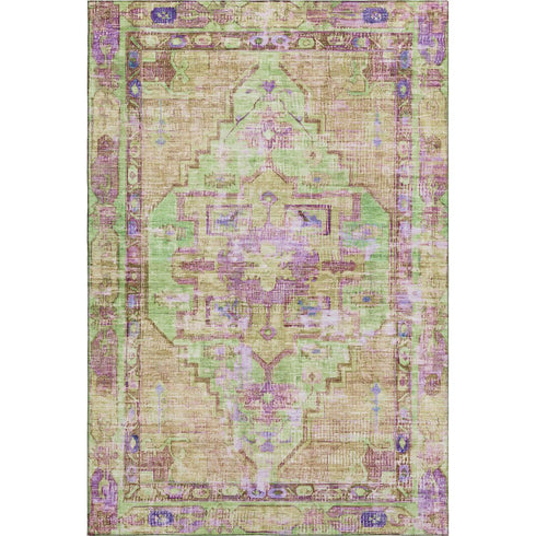 5' X 8' Lime Green Purple And Beige Oriental Washable Area Rug With UV Protection