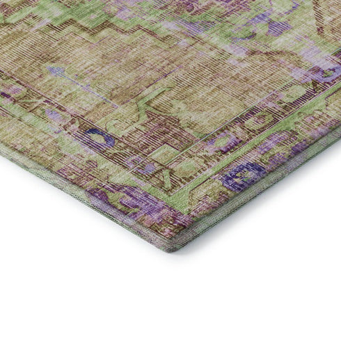 5' X 8' Lime Green Purple And Beige Oriental Washable Area Rug With UV Protection