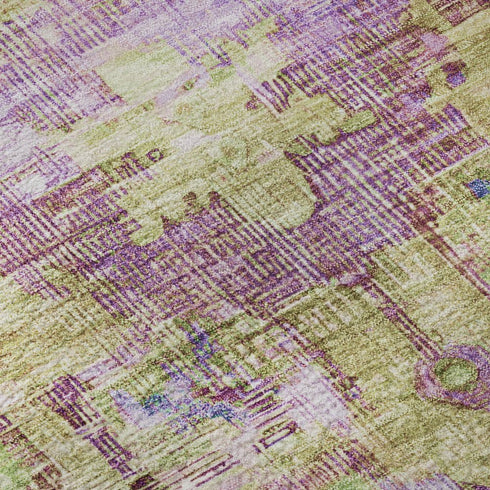 5' X 8' Lime Green Purple And Beige Oriental Washable Area Rug With UV Protection