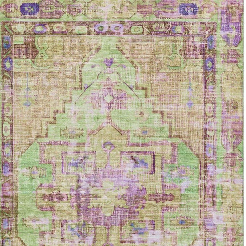 5' X 8' Lime Green Purple And Beige Oriental Washable Area Rug With UV Protection