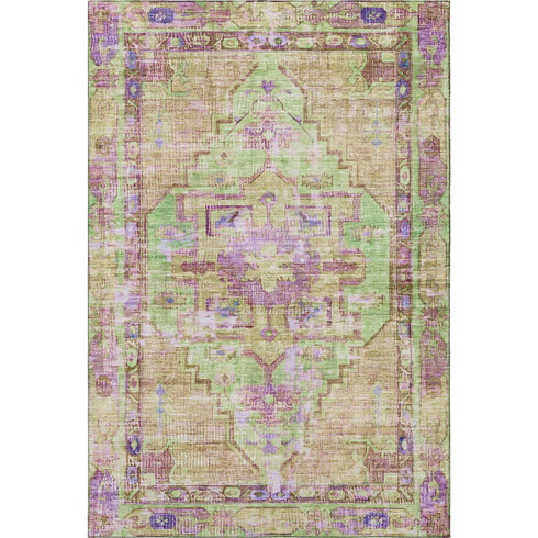 5' X 8' Lime Green Purple And Beige Oriental Washable Area Rug With UV Protection
