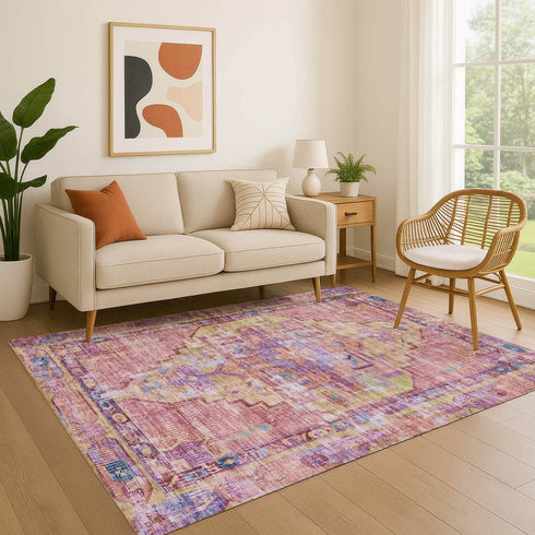 9' X 12' Pink Purple And Blue Oriental Washable Area Rug With UV Protection