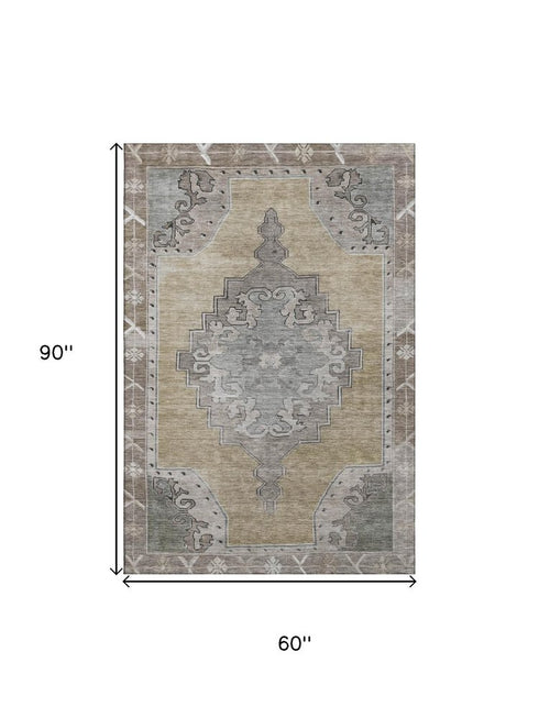 5' X 8' Beige Gray And Charcoal Oriental Washable Area Rug With UV Protection