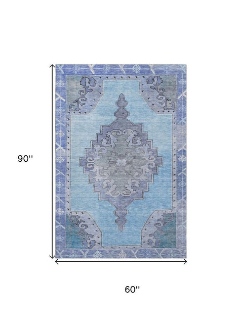 5' X 8' Blue And Gray Oriental Washable Area Rug With UV Protection