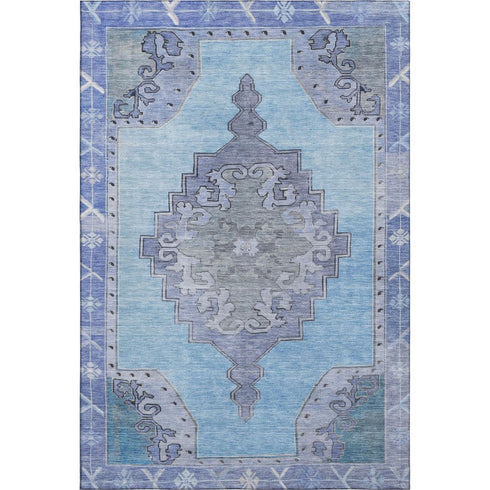 5' X 8' Blue And Gray Oriental Washable Area Rug With UV Protection