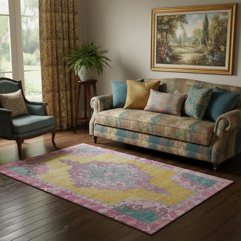 5' X 8' Gold Pink And Teal Oriental Washable Area Rug With UV Protection