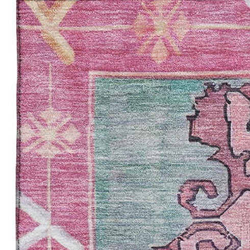 5' X 8' Gold Pink And Teal Oriental Washable Area Rug With UV Protection