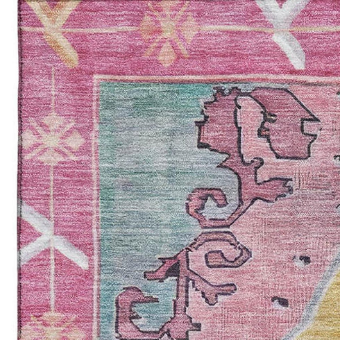 5' X 8' Gold Pink And Teal Oriental Washable Area Rug With UV Protection