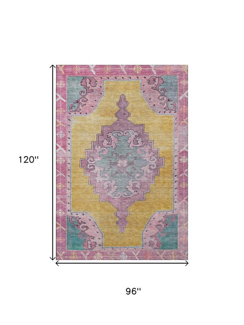 8' X 10' Gold Pink And Teal Oriental Washable Area Rug With UV Protection