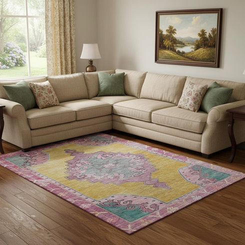 8' X 10' Gold Pink And Teal Oriental Washable Area Rug With UV Protection
