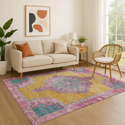 8' X 10' Gold Pink And Teal Oriental Washable Area Rug With UV Protection