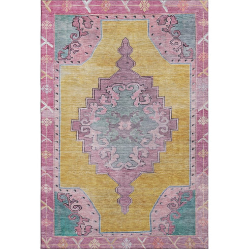 8' X 10' Gold Pink And Teal Oriental Washable Area Rug With UV Protection