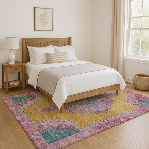 8' X 10' Gold Pink And Teal Oriental Washable Area Rug With UV Protection