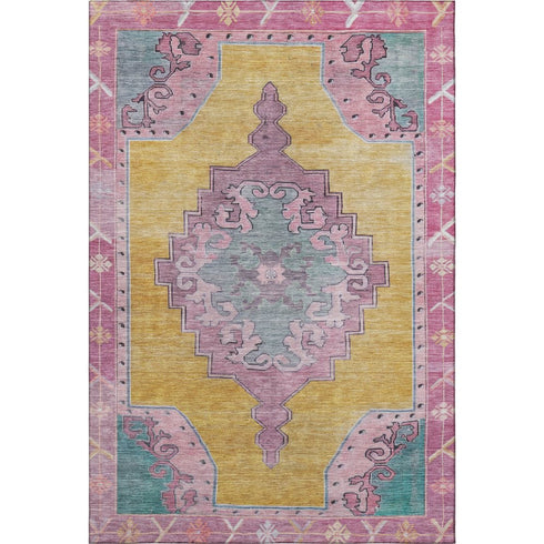 8' X 10' Gold Pink And Teal Oriental Washable Area Rug With UV Protection