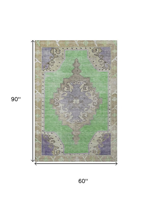 5' X 8' Lime Green Lavender And Brown Oriental Washable Area Rug With UV Protection