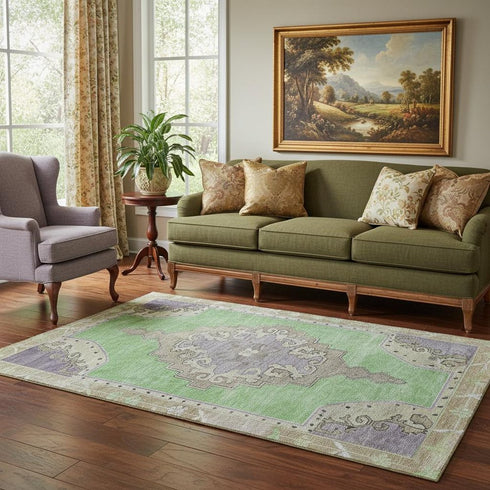 5' X 8' Lime Green Lavender And Brown Oriental Washable Area Rug With UV Protection