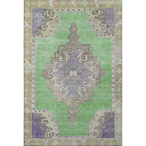 5' X 8' Lime Green Lavender And Brown Oriental Washable Area Rug With UV Protection