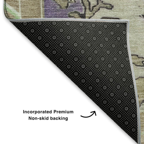 5' X 8' Lime Green Lavender And Brown Oriental Washable Area Rug With UV Protection