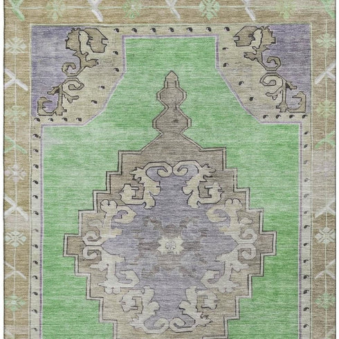 5' X 8' Lime Green Lavender And Brown Oriental Washable Area Rug With UV Protection