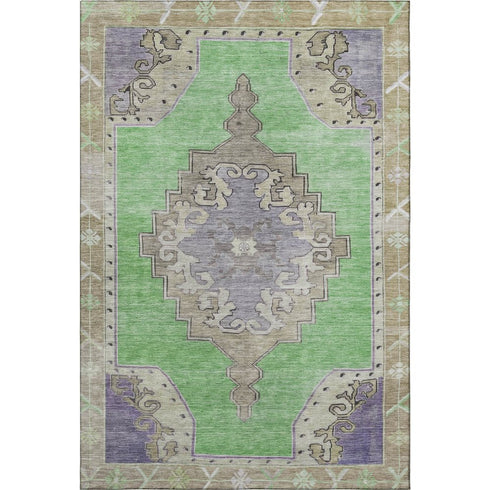 5' X 8' Lime Green Lavender And Brown Oriental Washable Area Rug With UV Protection