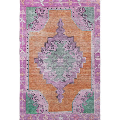 5' X 8' Orange Pink And Green Oriental Washable Area Rug With UV Protection