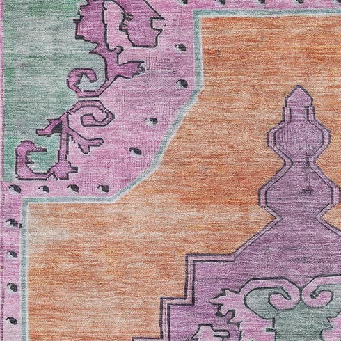 5' X 8' Orange Pink And Green Oriental Washable Area Rug With UV Protection