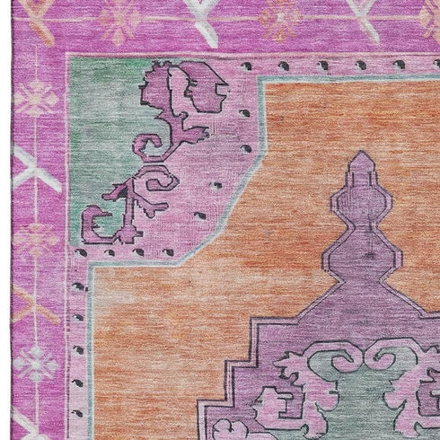 5' X 8' Orange Pink And Green Oriental Washable Area Rug With UV Protection