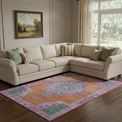 8' X 10' Orange Pink And Green Oriental Washable Area Rug With UV Protection