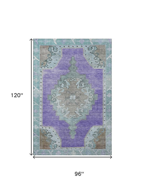 8' X 10' Purple Teal And Taupe Oriental Washable Area Rug With UV Protection