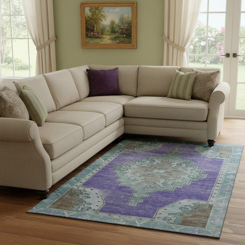 8' X 10' Purple Teal And Taupe Oriental Washable Area Rug With UV Protection