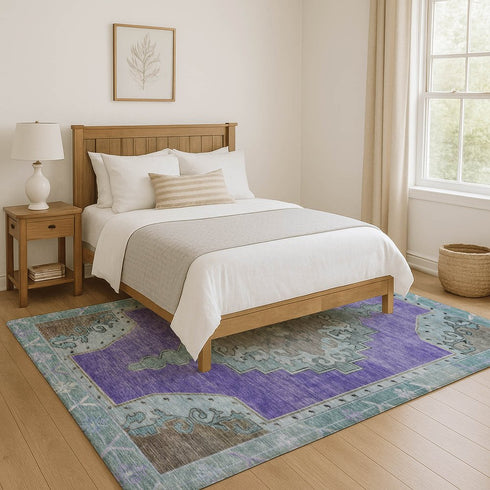 8' X 10' Purple Teal And Taupe Oriental Washable Area Rug With UV Protection