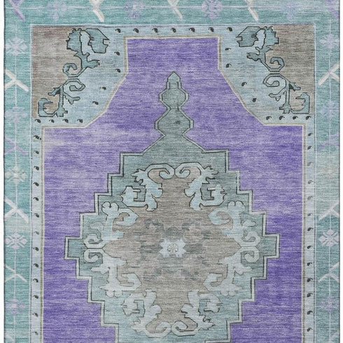 8' X 10' Purple Teal And Taupe Oriental Washable Area Rug With UV Protection
