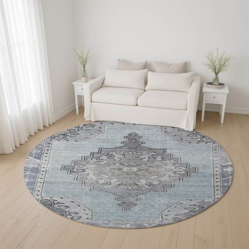 8' Sky Blue And Gray Oriental Washable Round Rug With UV Protection