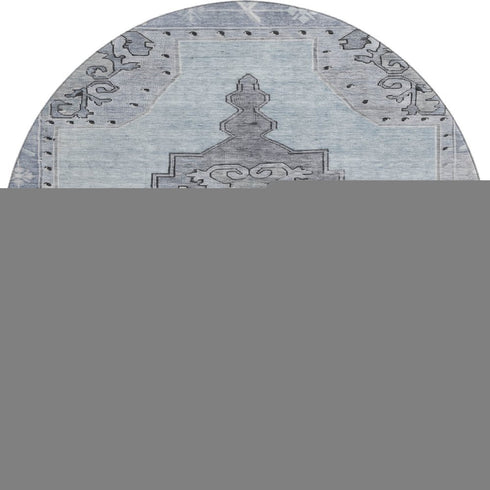8' Sky Blue And Gray Oriental Washable Round Rug With UV Protection