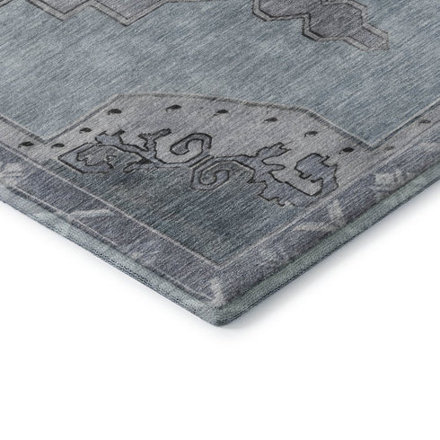 8' Sky Blue And Gray Oriental Washable Round Rug With UV Protection