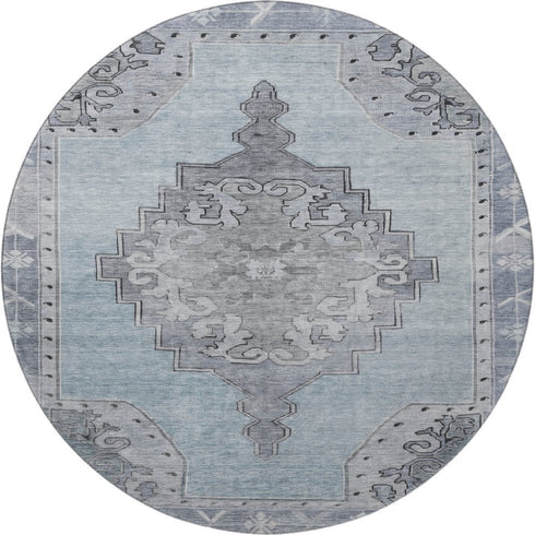 8' Sky Blue And Gray Oriental Washable Round Rug With UV Protection