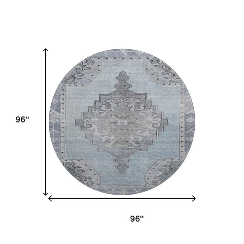 8' Sky Blue And Gray Oriental Washable Round Rug With UV Protection