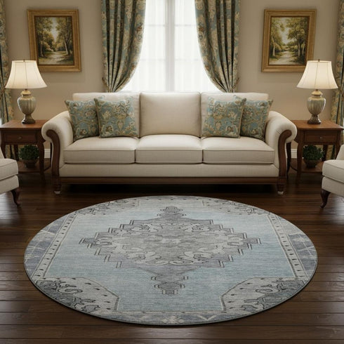 8' Sky Blue And Gray Oriental Washable Round Rug With UV Protection