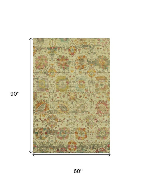 5' X 8' Gold Wheat And Green Oriental Washable Area Rug With UV Protection