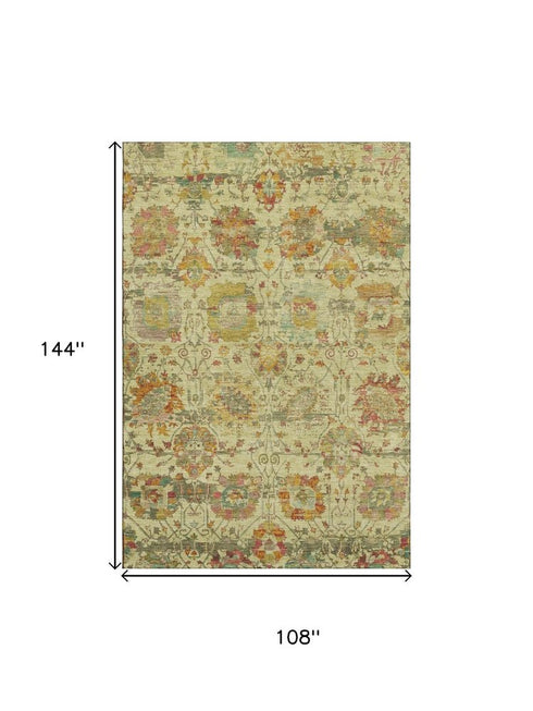 9' X 12' Gold Wheat And Green Oriental Washable Area Rug With UV Protection
