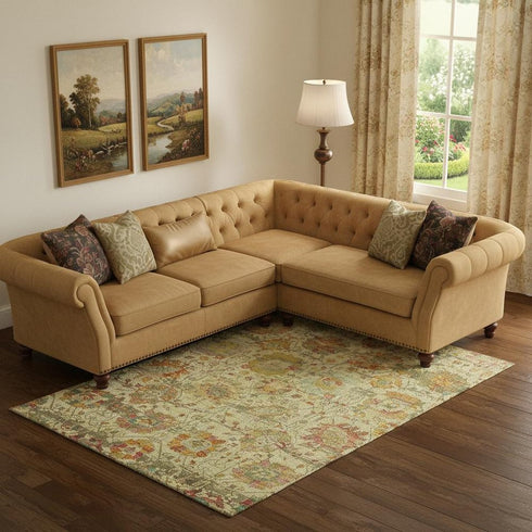 9' X 12' Gold Wheat And Green Oriental Washable Area Rug With UV Protection