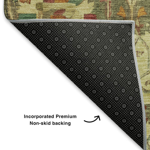 9' X 12' Gold Wheat And Green Oriental Washable Area Rug With UV Protection