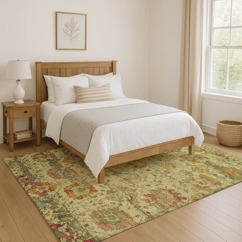 9' X 12' Gold Wheat And Green Oriental Washable Area Rug With UV Protection