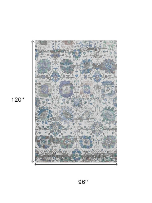8' X 10' Ivory Blue And Gray Oriental Washable Area Rug With UV Protection