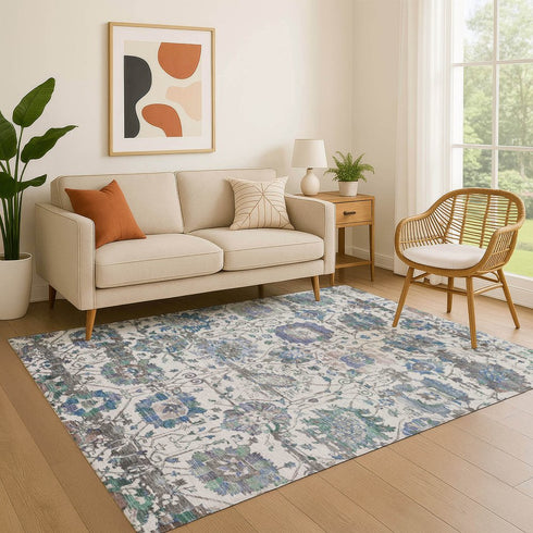8' X 10' Ivory Blue And Gray Oriental Washable Area Rug With UV Protection