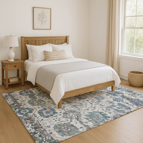 8' X 10' Ivory Blue And Gray Oriental Washable Area Rug With UV Protection