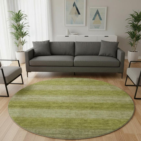 8' Artichoke Green And Fern Green Striped Washable Round Rug With UV Protection