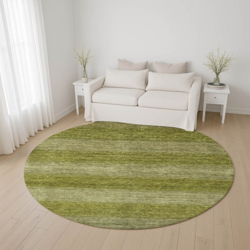 8' Artichoke Green And Fern Green Striped Washable Round Rug With UV Protection